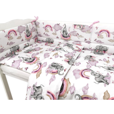 Lenjerie patut 3 piese, Qmini, pentru patut 120x60 cm, cu protectie laterala, din bumbac, Elephants on Rainbow Pink [2]