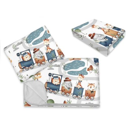 Lenjerii patut 120 x 60 cm - Lenjerie patut cu 3 piese, MimiNu, cu cearceaf 120x60 cm, din bumbac, cu paturica si pernuta, Zoo in train