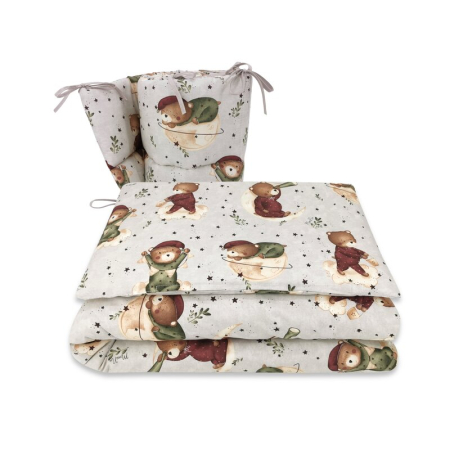 Lenjerii patut 120 x 60 cm - Lenjerie patut cu 3 piese, MimiNu, pentru patut 120x60 cm, cu protectie laterala, din bumbac, Teddy Bear On Moon