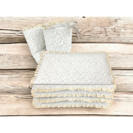 Lenjerie patut cu 3 piese, MimiNu, Premium, pentru patut 120x60 cm, cu protectie laterala, din bumbac, cu dantela si volan, Meadow [2]