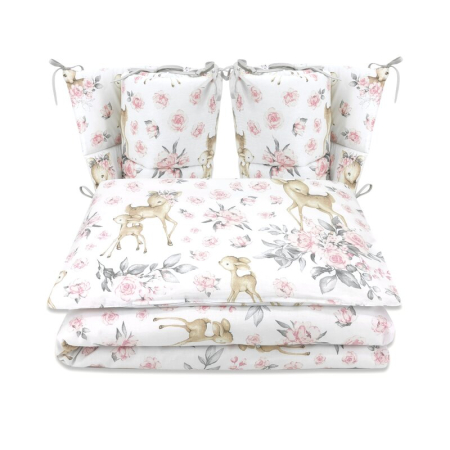 Lenjerii patut 120 x 60 cm - Lenjerie patut cu 4 piese, MimiNu, pentru patut 120x60 cm, cu doua protectii laterale, din bumbac, Sweet Deer Pink