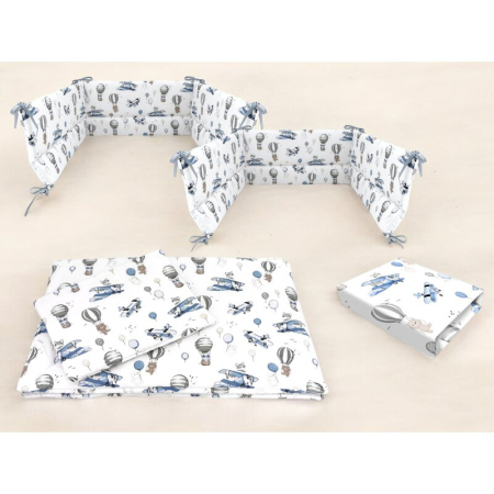 Lenjerie patut cu 5 piese, MimiNu, cu cearceaf 120x60 cm, Pilota, Pernuta, 2 aparatori, din bumbac, Blue Plane [1]