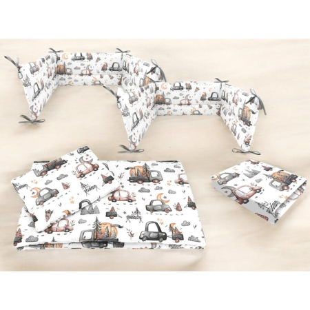 Lenjerie patut cu 5 piese, MimiNu, cu cearceaf 120x60 cm, Pilota, Pernuta, 2 aparatori, din bumbac, Cars Grey [1]