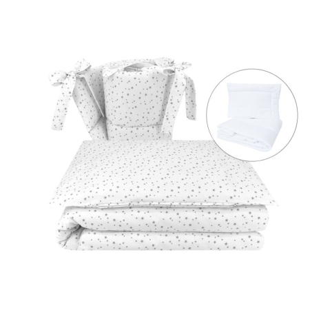Lenjerii patut 120 x 60 cm - Lenjerie patut cu 5 piese, MimiNu, pentru patut 120x60 cm, cu pilota si perna, din bumbac, Mini Gray Stars