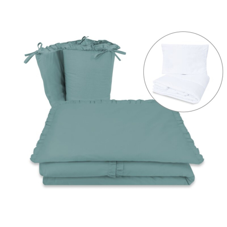 Lenjerii patut 120 x 60 cm - Lenjerie patut cu 5 piese, MimiNu, pentru patut 120x60 cm, cu volanase, cu pilota si perna, din bumbac, Colectia Royal, Nepal Green