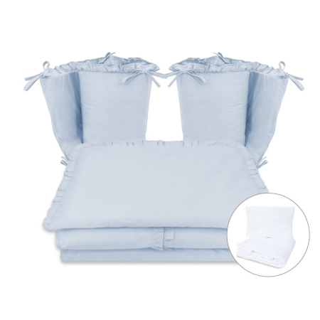 Lenjerii patut 120 x 60 cm - Lenjerie patut cu 6 piese, MimiNu, pentru patut 120x60 cm, cu volanase, cu pilota si perna, cu doua aparatori laterale, din bumbac, Colectia Royal, Blue