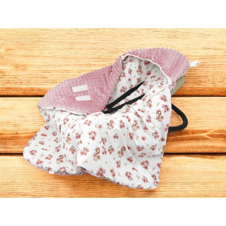 Paturica calduroasa, MimiNu, pentru scoica, scaun auto/carucior, cu gluga si urechi, Dimensiune 90x90 cm, din Minky + Bumbac, Ducklings Powdery Pink [3]