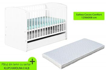 Patuturi lemn 120 x 60 cm cu saltea inclusa - Patut cu sertar KLUPS Karolina II Alb + Saltea 8 MyKids