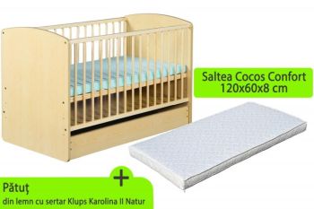 Patuturi lemn 120 x 60 cm cu saltea inclusa - Patut cu sertar KLUPS Karolina II Natur + Saltea 8 MyKids