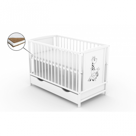 Patuturi lemn 120 x 60 cm cu saltea inclusa - Patut cu sertar VESSANTI BERTA GIRAFA - Alb + Saltea Cocos 12 cm