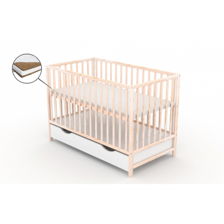 Patuturi lemn 120 x 60 cm cu saltea inclusa - Patut cu sertar VESSANTI CLASICO - Natur + Saltea Cocos 8 cm