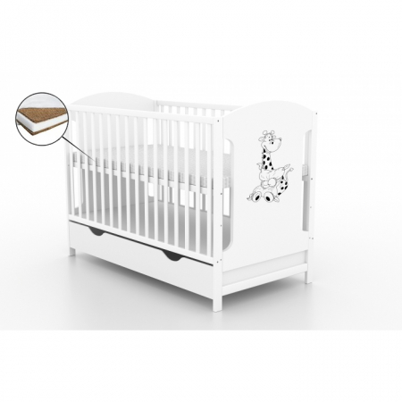 Patuturi lemn 120 x 60 cm cu saltea inclusa - Patut cu sertar VESSANTI MILO GIRAFA - Alb + Saltea Cocos 12 cm