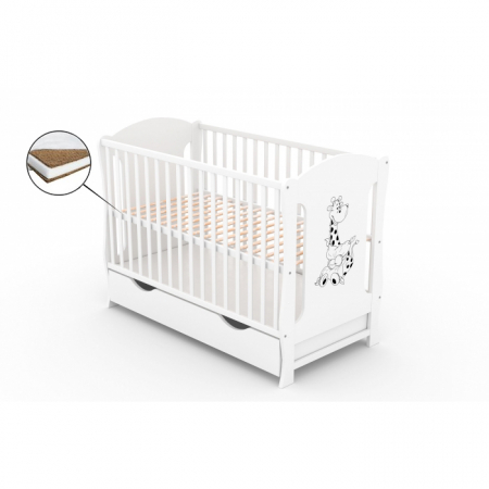 Patuturi lemn 120 x 60 cm cu saltea inclusa - Patut cu sertar VESSANTI ZUZA - Alb + Saltea Cocos 12 cm