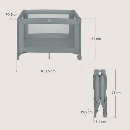 Patut pliant, Lionelo, Amelie, cu intrare laterala, 100.5-70.5 cm, Include salteluta, roti, geanta pentru transport, Constructie usoara- 7 kg, Cadru stabil din otel, Gri [12]