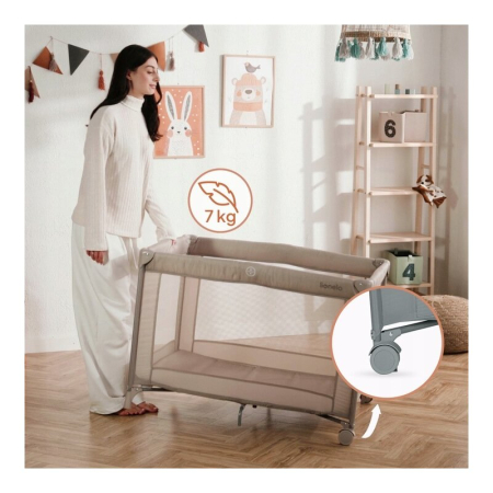 Patut pliant, Lionelo, Amelie, cu intrare laterala, 100.5-70.5 cm, Include salteluta, roti, geanta pentru transport, Constructie usoara- 7 kg, Cadru stabil din otel, Gri [16]