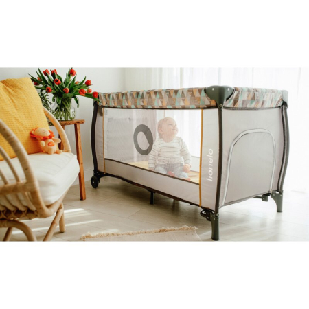 Patut pliant, Lionelo, Sven Plus, 120x60 cm, cu doua nivele, cu arcada jucarii, masuta de infasat, vibratii, melodii, Bej Latte [26]