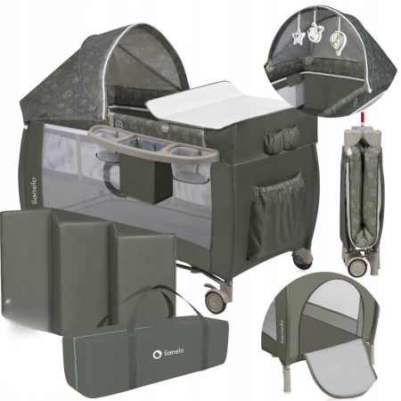 Patut pliant, Lionelo, Sven Plus, 120x60 cm, cu doua nivele, cu arcada jucarii, masuta de infasat, vibratii, melodii, Bej Olive [2]