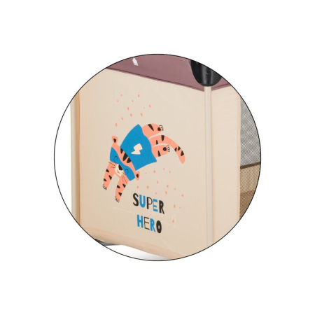 Patut pliant, Petite&Mars, Koot, 120 x 60 cm, Cu roti, Functie de tarc, Pliere compacta, Include geanta de transport, Intrare laterala cu fermoar, Pereti din plasa, Pana la 15 kg, 0-30 luni, Maro [5]