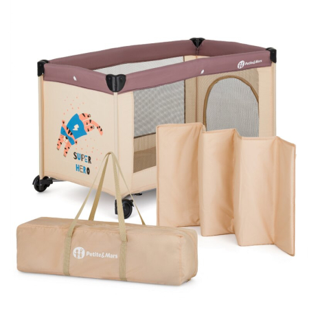 Patut pliant copii - Patut pliant, Petite&Mars, Koot, 120 x 60 cm, Cu roti, Functie de tarc, Pliere compacta, Include geanta de transport, Intrare laterala cu fermoar, Pereti din plasa, Pana la 15 kg, 0-30 luni, Maro