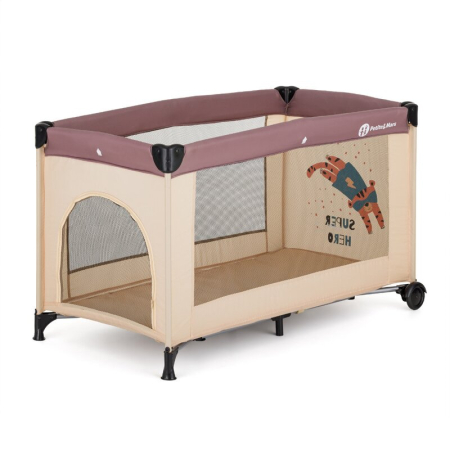 Patut pliant, Petite&Mars, Koot, 120 x 60 cm, Cu roti, Functie de tarc, Pliere compacta, Include geanta de transport, Intrare laterala cu fermoar, Pereti din plasa, Pana la 15 kg, 0-30 luni, Maro [2]