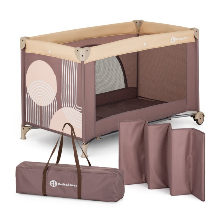 Patut pliant copii - Patut pliant, Petite&Mars, Nyja, 120 x 60 cm, Cu roti, Functie de tarc, Pliere compacta, Include geanta de transport, Intrare laterala cu fermoar, Pereti din plasa, Pana la 15 kg, 0-30 luni, Mocha