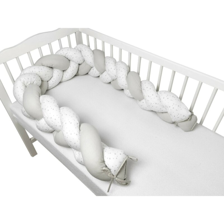 Bariere de protectie pat - Protectie laterala, MimiNu, pentru patut bebe, Tip Bumper impletit, din bumbac, din Lungime 220 cm, Mini Gray Stars
