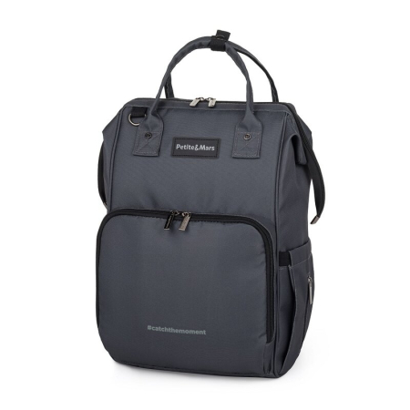 Genti mamici - Rucsac pentru mamici, Petite&Mars, Jack, cu 11 compartimente, cu buzunare termice, Saltea de infasat inclusa, 30 x 42 x 15 cm, Ultimate Grey