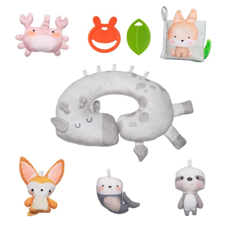 Salteluta interactiva, Lionelo, Anika, 8 jucarii senzoriale, detasabile, fosnaitoare, logopedice, Lavabila la masina, Husa din bambus, 116x112 cm, Multicolor [11]