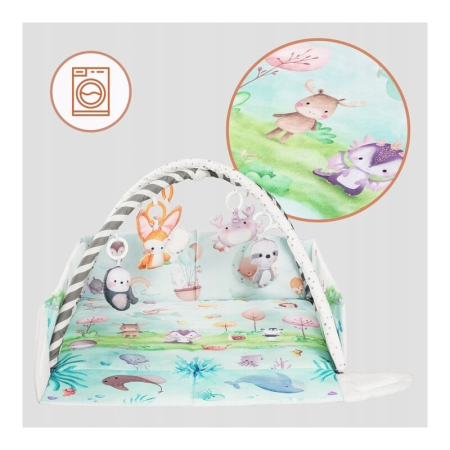 Salteluta interactiva, Lionelo, Anika, 8 jucarii senzoriale, detasabile, fosnaitoare, logopedice, Lavabila la masina, Husa din bambus, 116x112 cm, Multicolor [13]