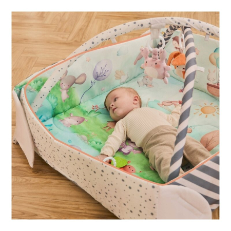 Salteluta interactiva, Lionelo, Anika, 8 jucarii senzoriale, detasabile, fosnaitoare, logopedice, Lavabila la masina, Husa din bambus, 116x112 cm, Multicolor [16]