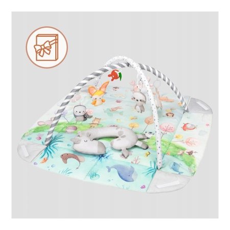 Salteluta interactiva, Lionelo, Anika, 8 jucarii senzoriale, detasabile, fosnaitoare, logopedice, Lavabila la masina, Husa din bambus, 116x112 cm, Multicolor [12]