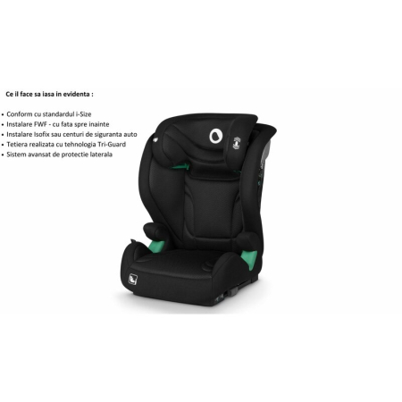 Scaun auto, Lionelo, i-Size Igo, 100- 150 cm, cu isofix, Protectie laterala, Ajustare spatar in 2 pozitii, Tetiera Tri-Guard reglabila in 11 pozitii,  Negru [36]