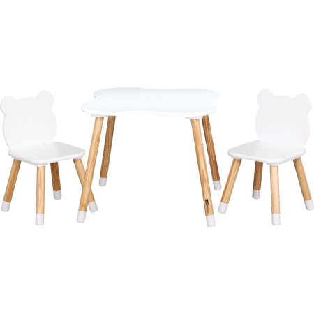 Masuta copii cu scaune - Set masuta si doua scaune, FreeON, Bear, pentru copii, din lemn, cu marginile rotunjite, Alb