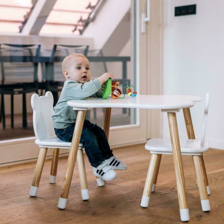 Set masuta si doua scaune, FreeON, Bear, pentru copii, din lemn, cu marginile rotunjite, Alb [2]