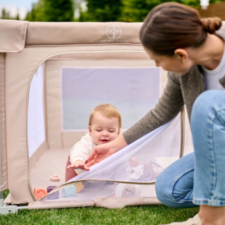 Tarc de joaca copii, Lionelo, Florence Easy Fold, 150 x 180 x 75 cm, Pliere, depliere automata, Include geanta de transport, din plasa, cu doua intrari laterale, 0-48 luni, Bej [20]