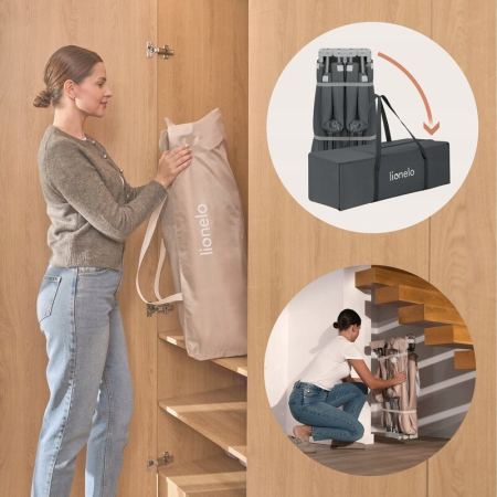 Tarc de joaca copii, Lionelo, Florence Easy Fold, 150 x 180 x 75 cm, Pliere, depliere automata, Include geanta de transport, din plasa, cu doua intrari laterale, 0-48 luni, Gri [14]