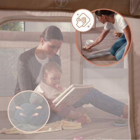 Tarc de joaca copii, Lionelo, Florence Easy Fold, 150 x 180 x 75 cm, Pliere, depliere automata, Include geanta de transport, din plasa, cu doua intrari laterale, 0-48 luni, Bej [18]