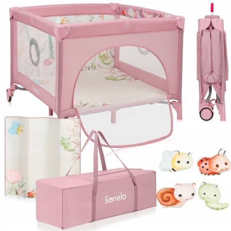 Tarc de joaca, Lionelo, Mille Plus, Pliabil, Include saltea cu densitate T25, 4 jucarii cu velcro, Manere textile, Geanta de transport, Cu roti si inchidere laterala, Pereti din plasa pentru vizibilit [3]