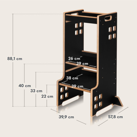 Turn de invatare Montessori, Lionelo, Cass, Functie de raft pentru carti, Pana la 30 kg, 12 luni - 6 ani, din MDF si furnir, 3 trepte de inaltime, Negru [13]