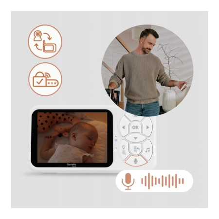 Video monitor, Lionelo, Babyline 3.4, Ecran LCD de 3.5 inch, Raza de actiune pana la 300 m, Conectare 4 camere, Autonomie 8 h, Lampa RGB incorporata, Cantece de leagan, Zoom 4X, Mod nocturn, Alb [25]