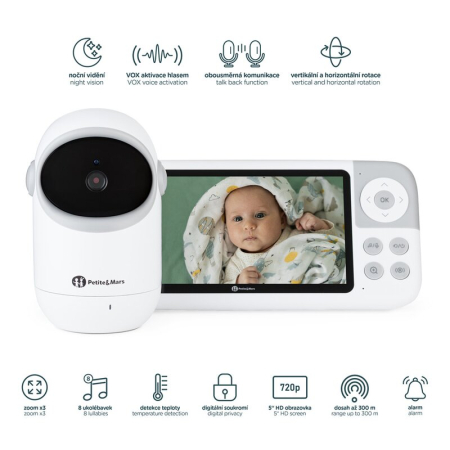 Video monitor, Petite&Mars, Eve 5.0, Ecran HD, Autonomie baterie pana la 16 ore, Raza de actiune 300m, Suport pentru pana la 4 camere, Comunicare bidirectionala, 8 melodii, Activare VOX la voce, Alb [1]