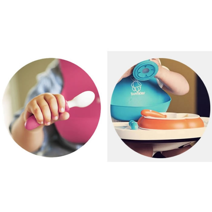  2 Seturi hranire: farfurie, lingurita si furculita pentru bebe, Orange/ Turquoise [2]