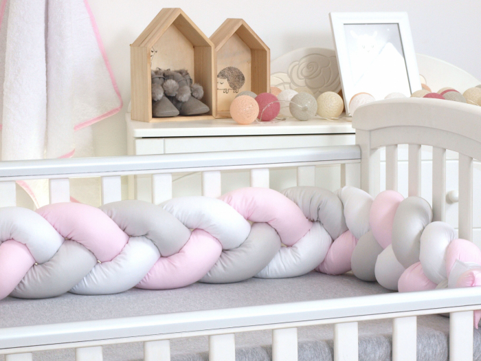 Baby Nest si Bumper impletit, detasabile, 80 x 50 cm Alb Gri Roz [4]