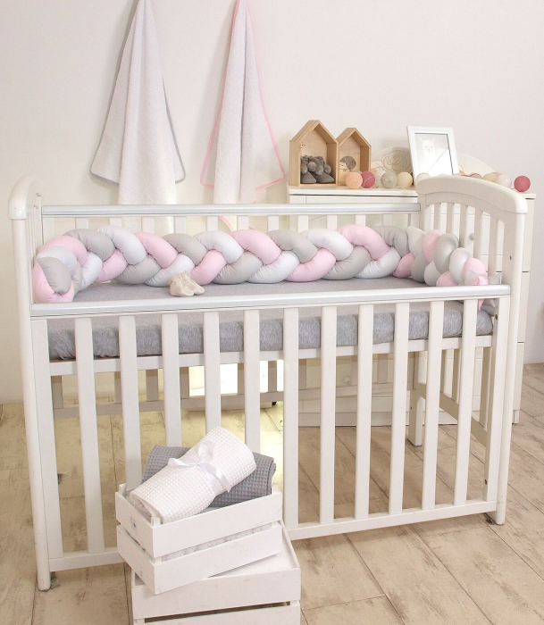 Baby Nest si Bumper impletit, detasabile, 80 x 50 cm Alb Gri Roz [6]