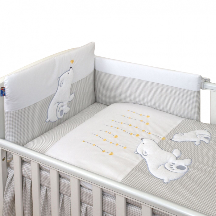 AMY - Lenjerie 3 piese Cu protectie laterala Bear Heart din Bumbac, 120x60 cm, Gri [3]
