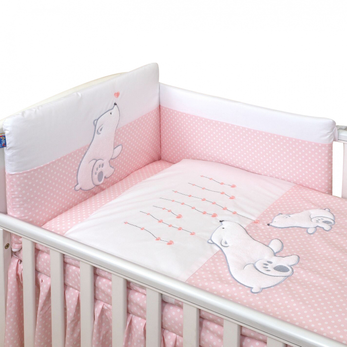 AMY - Lenjerie 3 piese Cu protectie laterala Bear Heart din Bumbac, 120x60 cm, Roz [3]