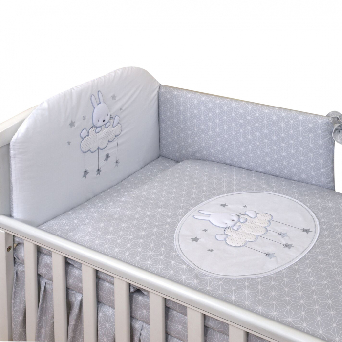 AMY - Lenjerie 3 piese Cu protectie laterala Sky Bunny din Bumbac, 120x60 cm, Gri [3]