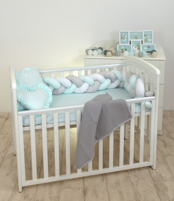 Aparatoare laterala pat Bumper impletit, Cu inchidere velcro, Bumbac, Alb - Gri - Mint, 210X21 cm [3]