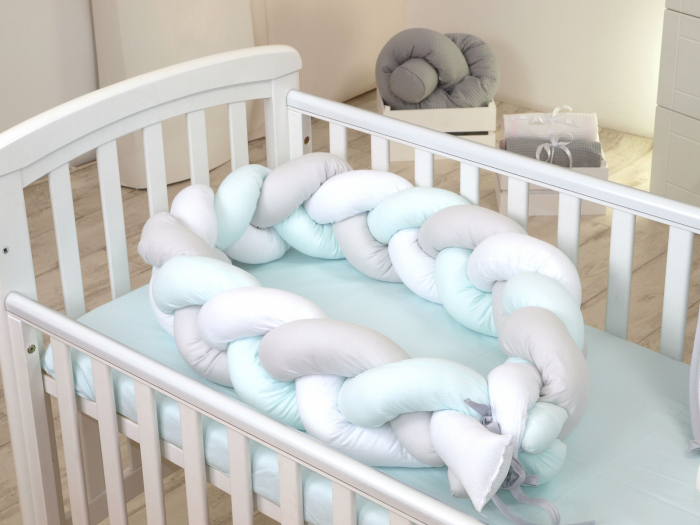 Aparatoare laterala pat Bumper impletit, Cu inchidere velcro, Bumbac Alb - Gri - Mint, 340x21 cm [7]