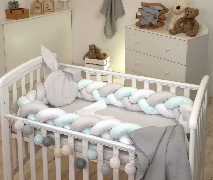 Aparatoare laterala pat Bumper impletit, Cu inchidere velcro, Bumbac Alb - Gri - Mint, 340x21 cm [3]